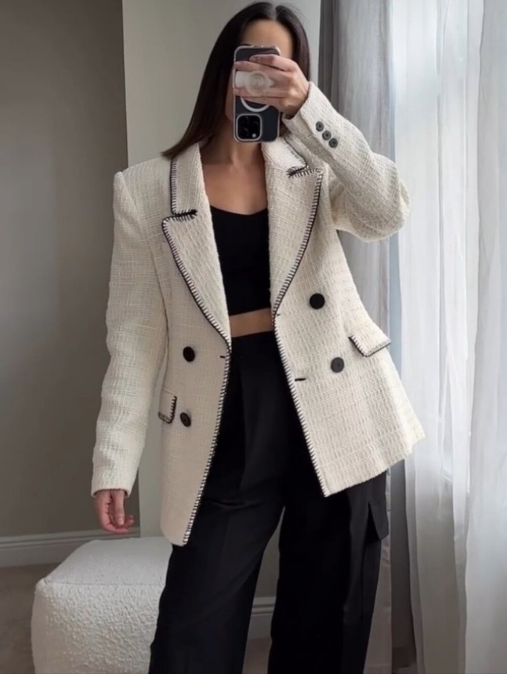 Zara  Double Breasted Whote Black Blazer Size S